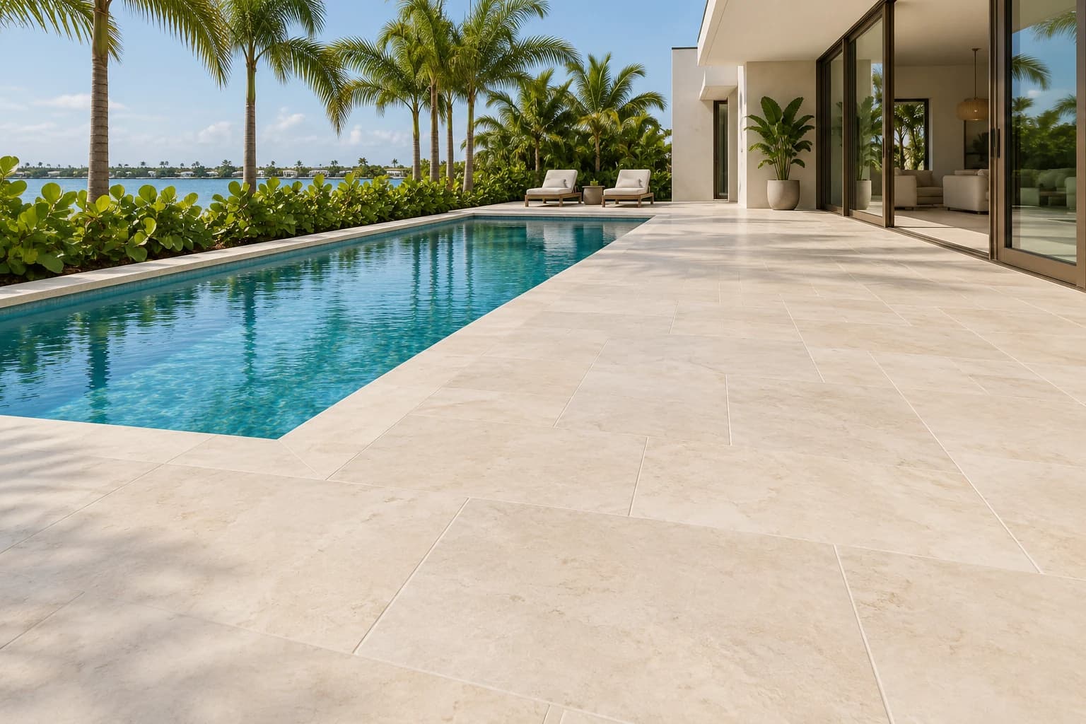 Pavimento Ivory y piscina rectangular junto a una casa costera