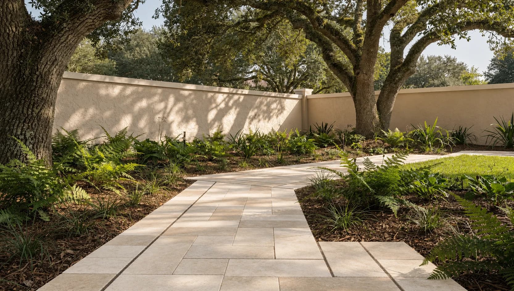 Smooth pale stone paving through a landscaped garden under oak trees