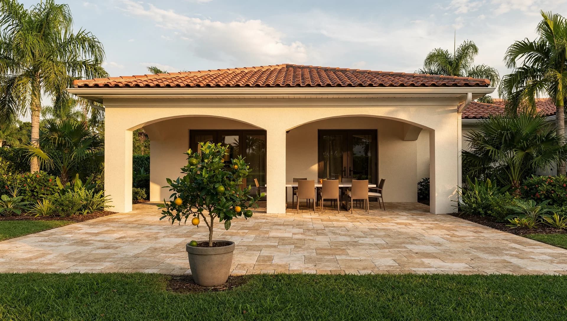 Warm stone dining patio beside a stucco home with arches