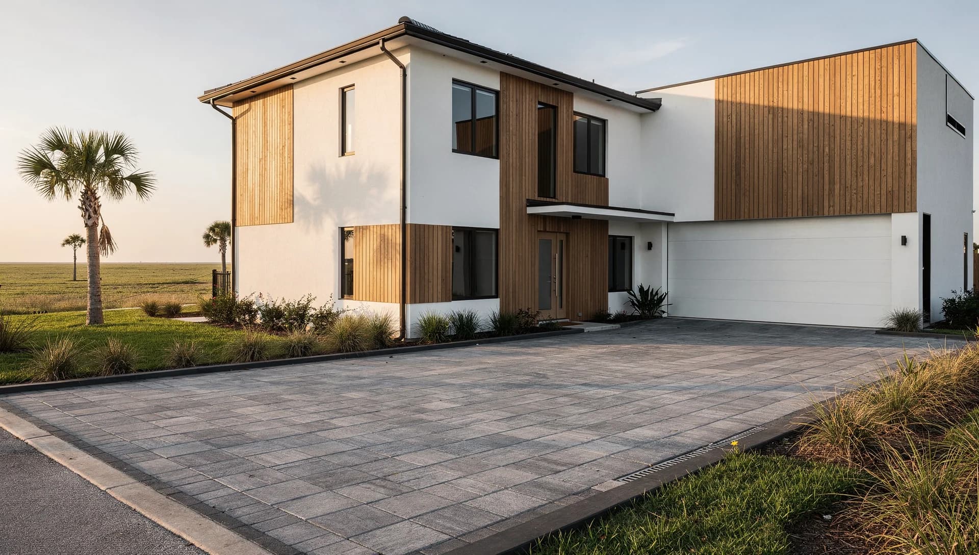 Gray paver driveway leading to a modern white and timber home