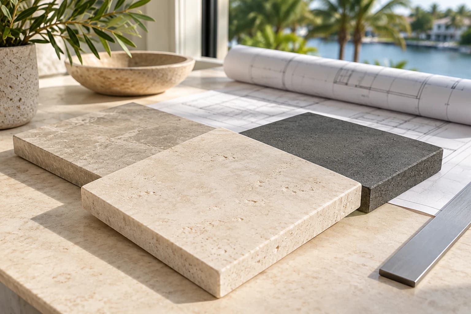 Material samples beside plans and measuring tools