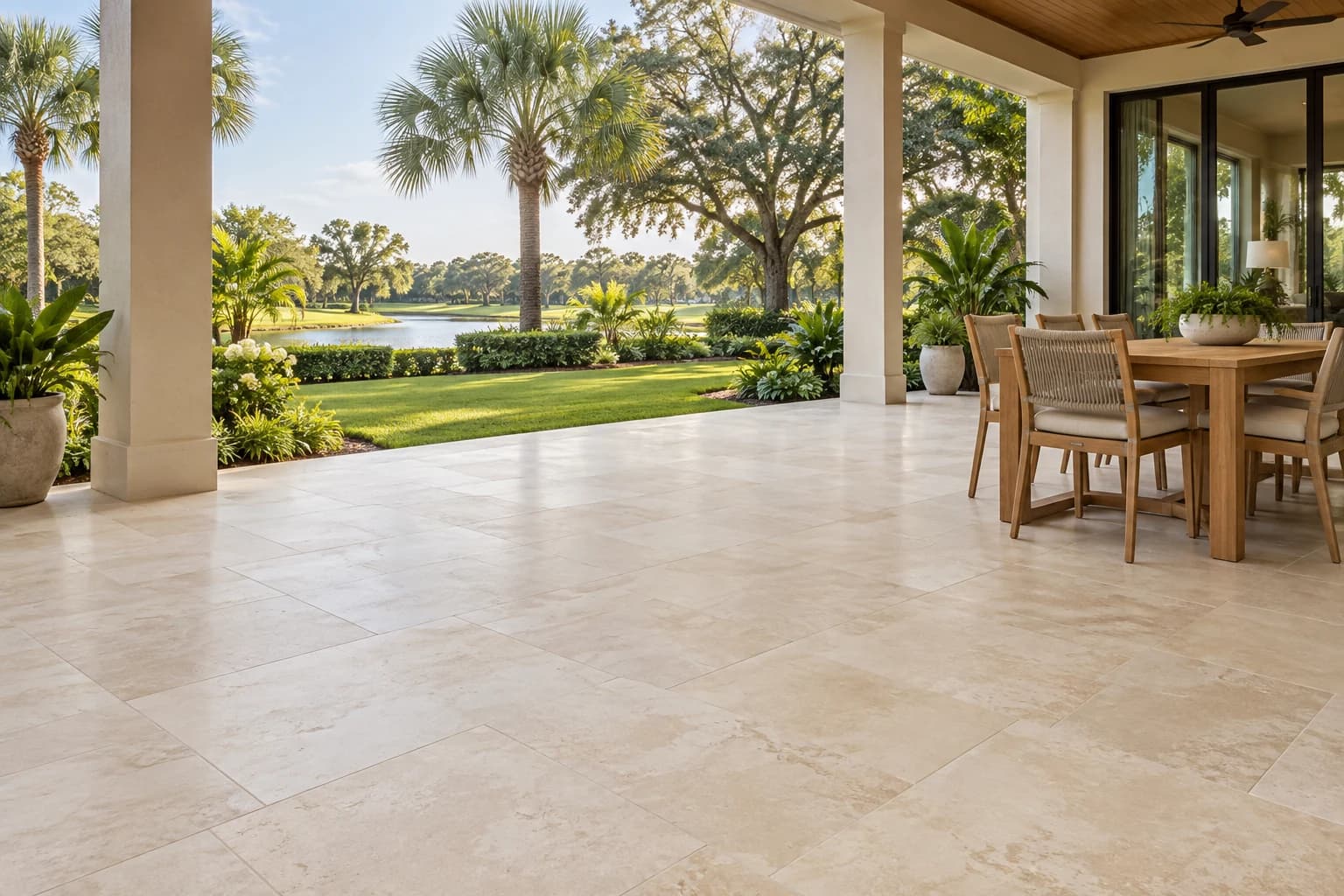 Warm stone lanai with outdoor dining and garden views