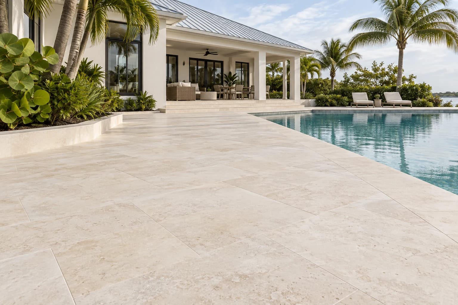 Ivory stone pool deck beside a coastal Florida home