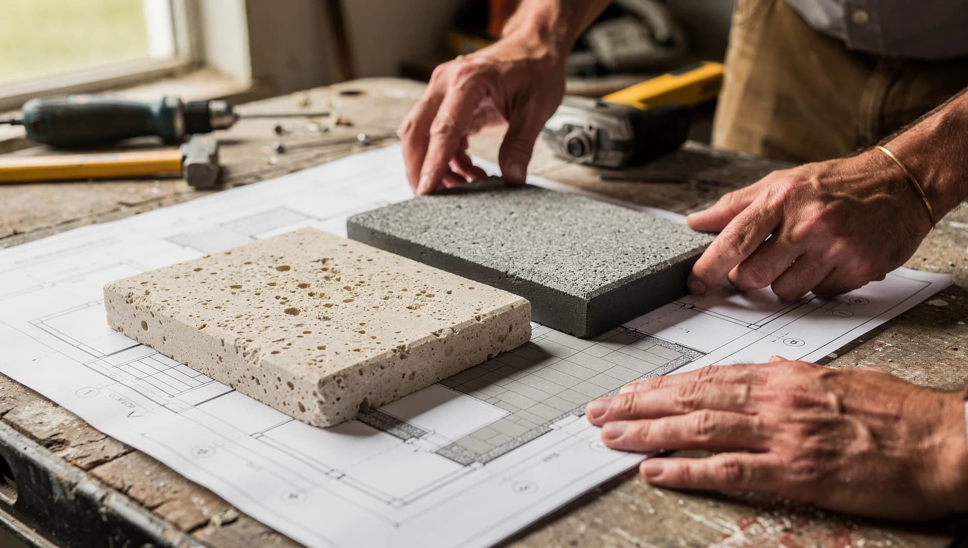 Hardscape samples and project plans arranged for material selection