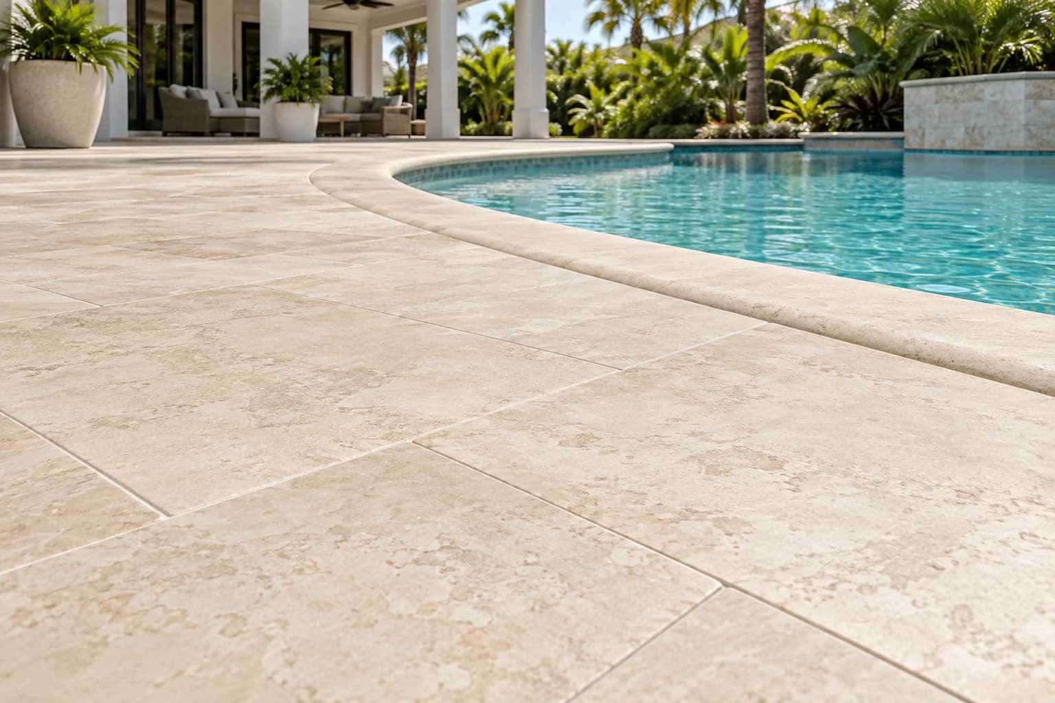 Cream travertine texture and joints beside a pool edge