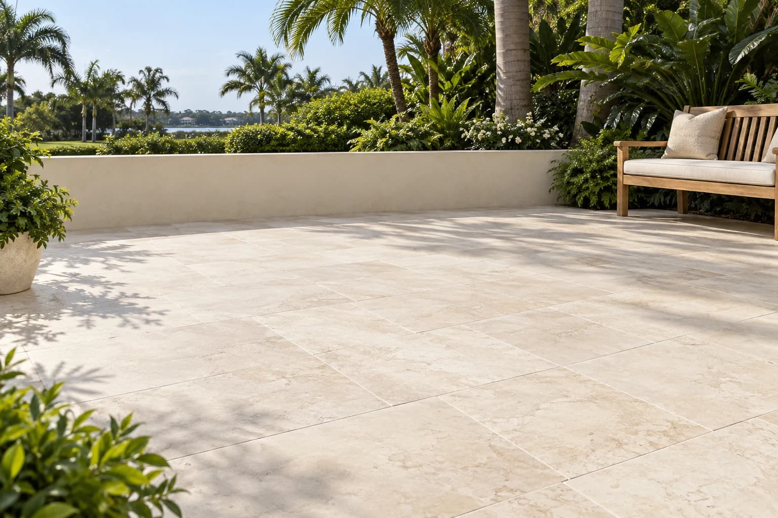 Open ivory-paved backyard terrace with a timber bench