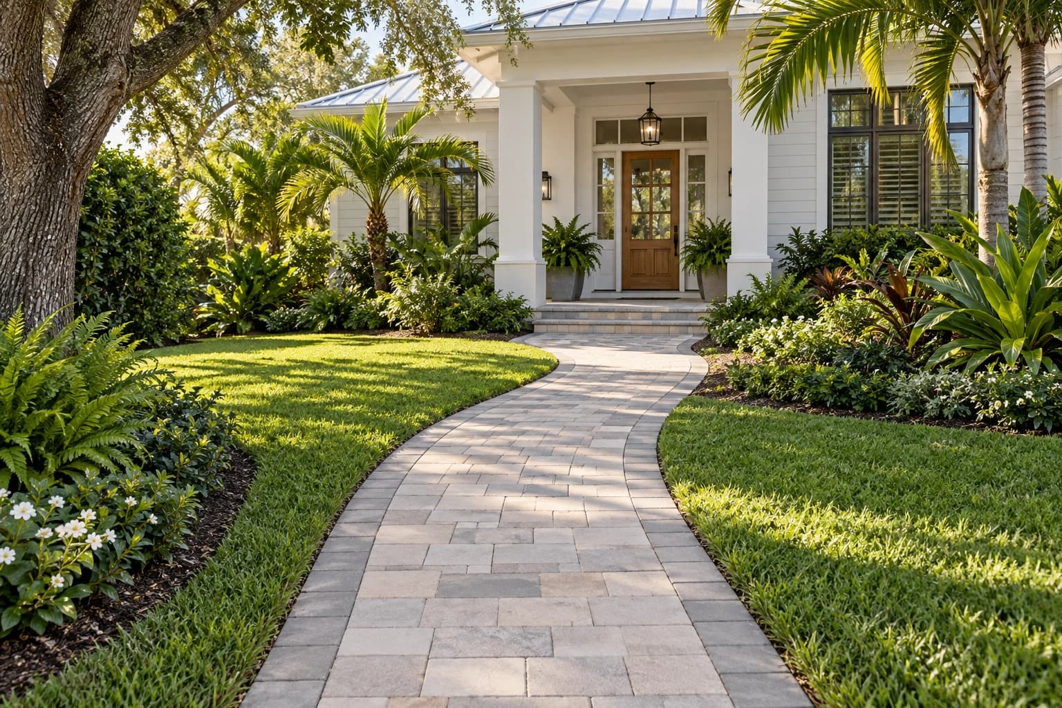 Narrow paver walkway bordered by lawn and planting leading to a Florida home