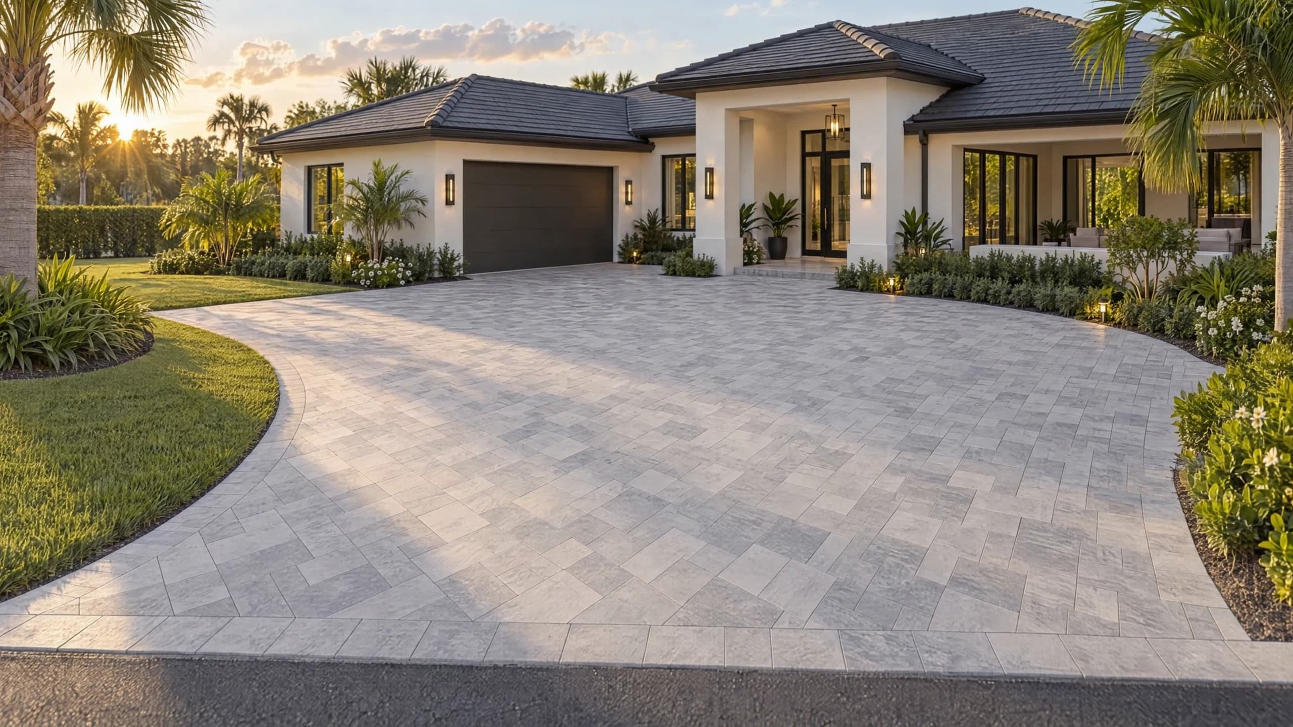 Street-level view from the road into a light-gray concrete paver driveway, with a Florida residence and palms beyond