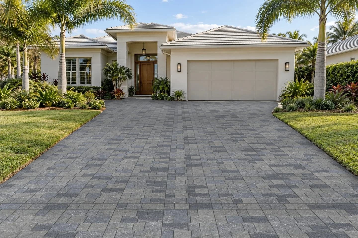 The same driveway visualized with Smoke pavers in the Milano pattern