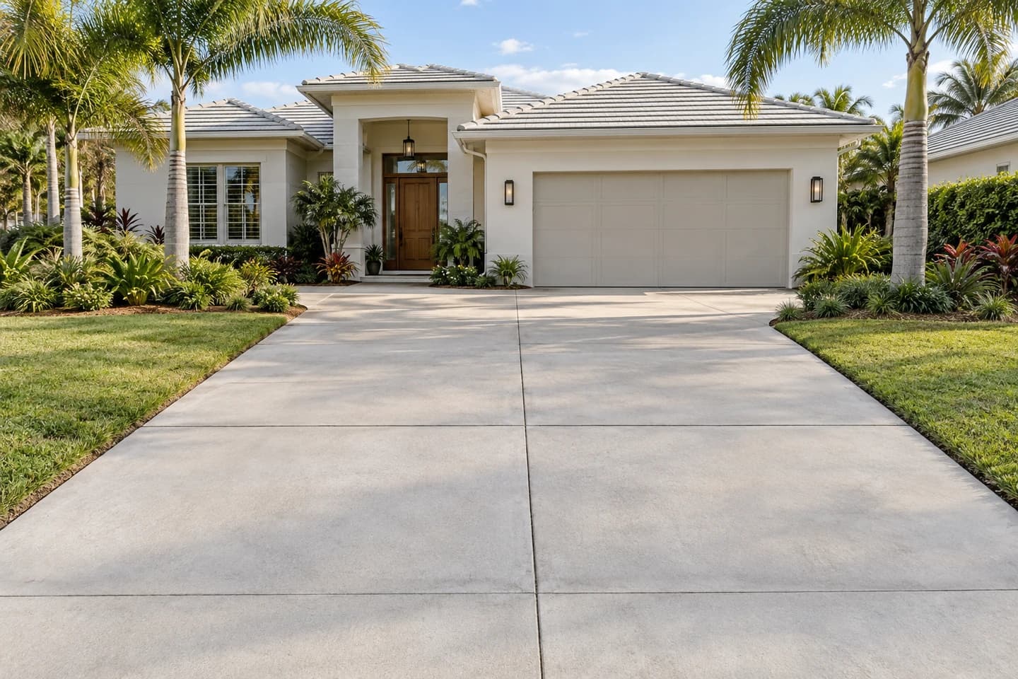 Florida-style home with palms and a plain concrete driveway